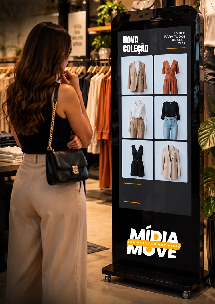 Cliente olhando um totem digital Mídia Move que mostra a nova coleção dentro de uma loja de roupas