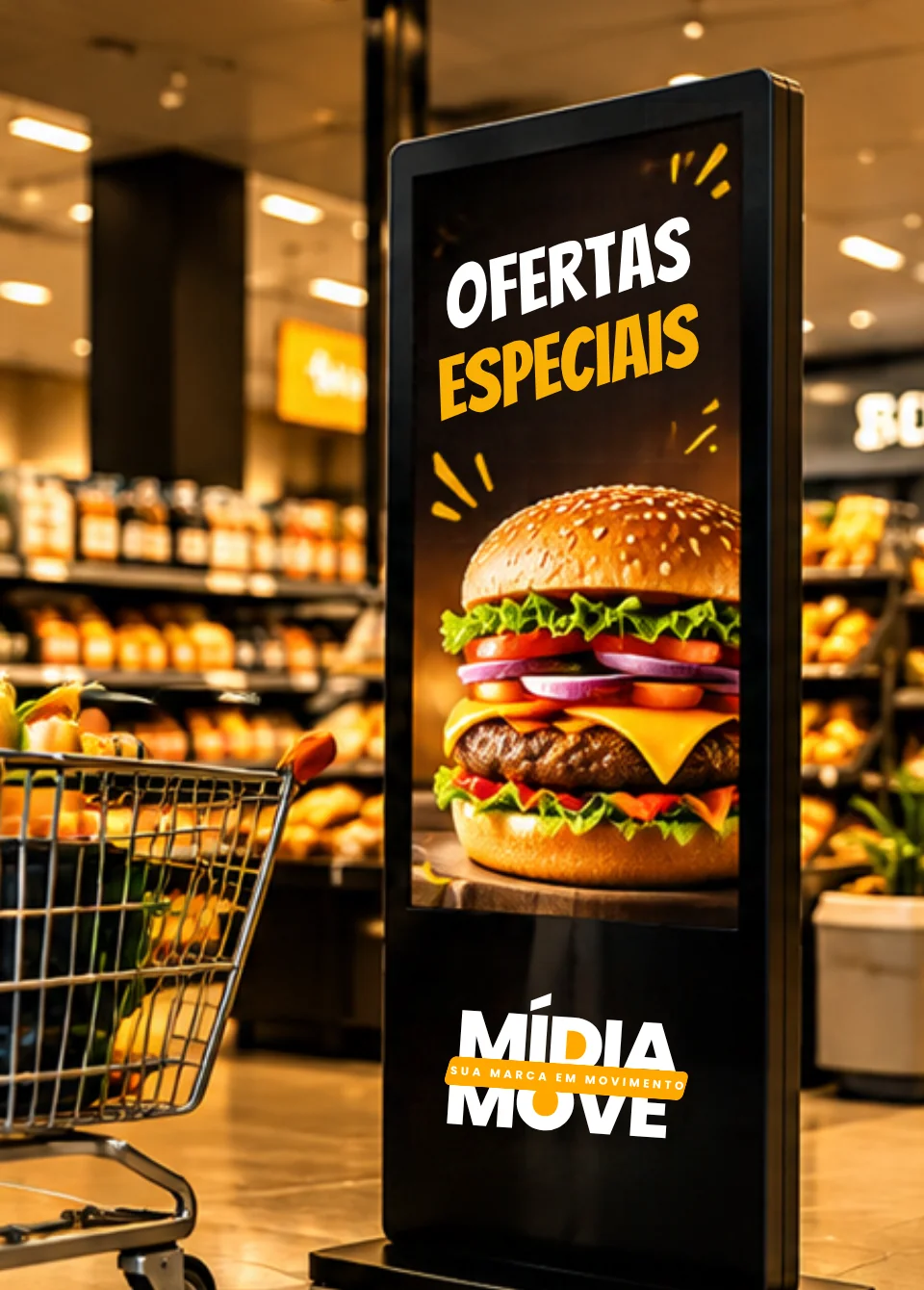 Totem digital Mídia Move num supermercado, mostrando ofertas especiais, ao lado de um carrinho de compras